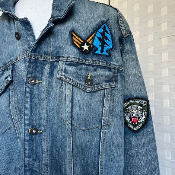 MENS RING OF FIRE PATCHED DISTRESSED DENIM JEAN JACKET SIZE L - Picture 2 of 12